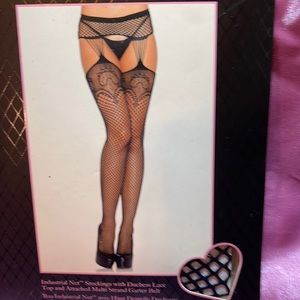 Fishnet with duchess lace top with attached garter belt brand new